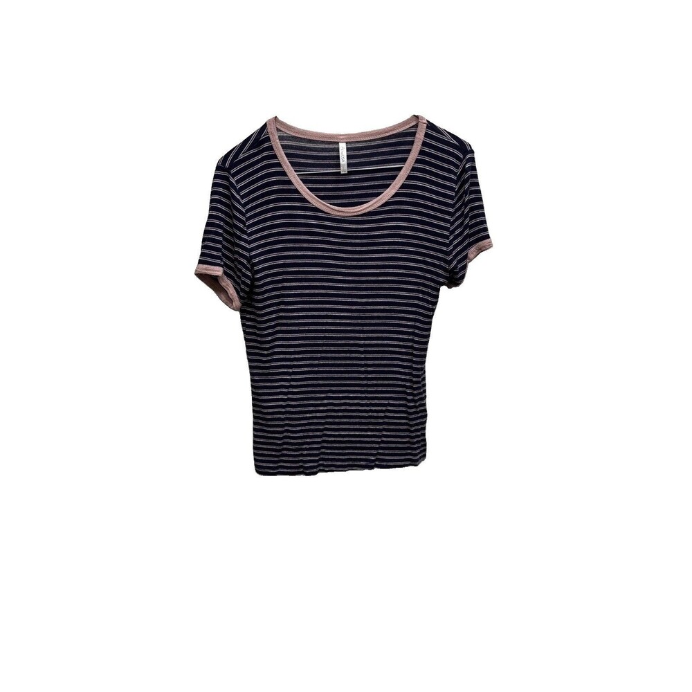 Active USA Women L Pink blue white Striped Short Sleeve Tee Shirt Stretch Y2K